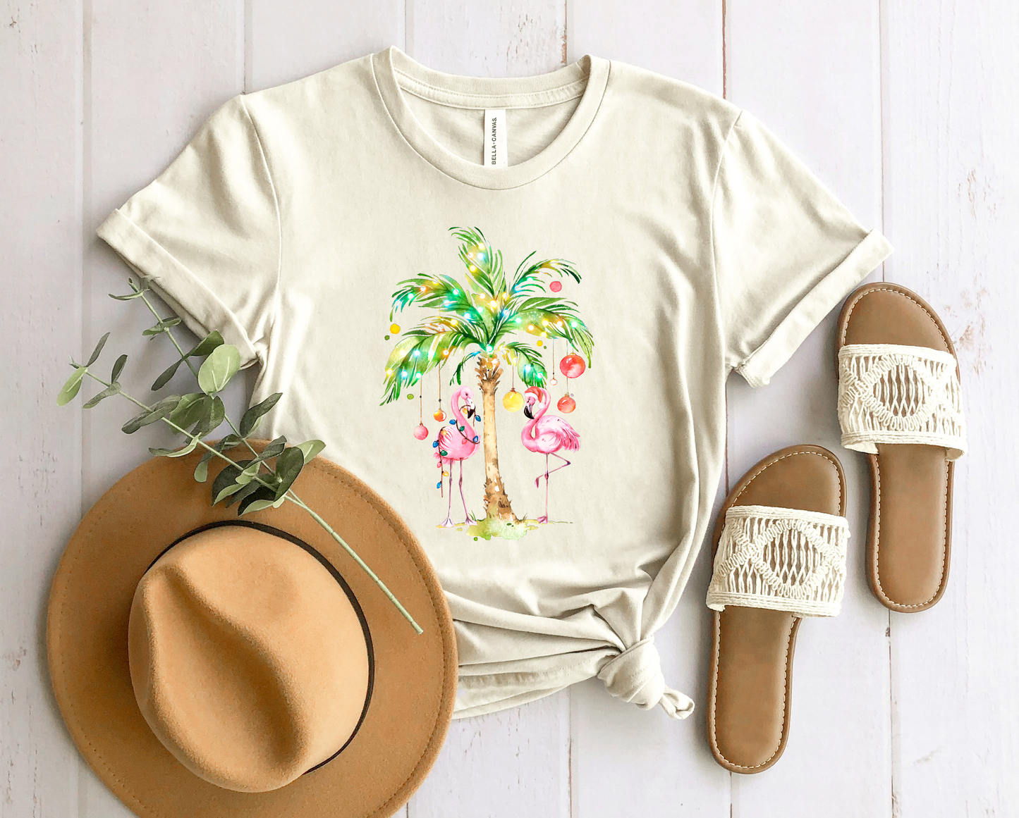 Wholesale Flamingo Christmas Graphic Tee - Sand