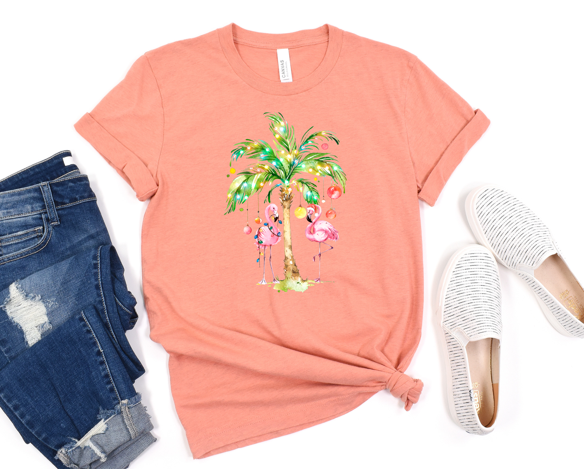 Wholesale Flamingo Christmas Graphic Tee - Sunset