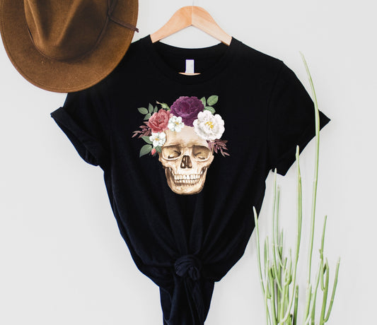 Wholesale Floral Skull Graphic Tee - Grey