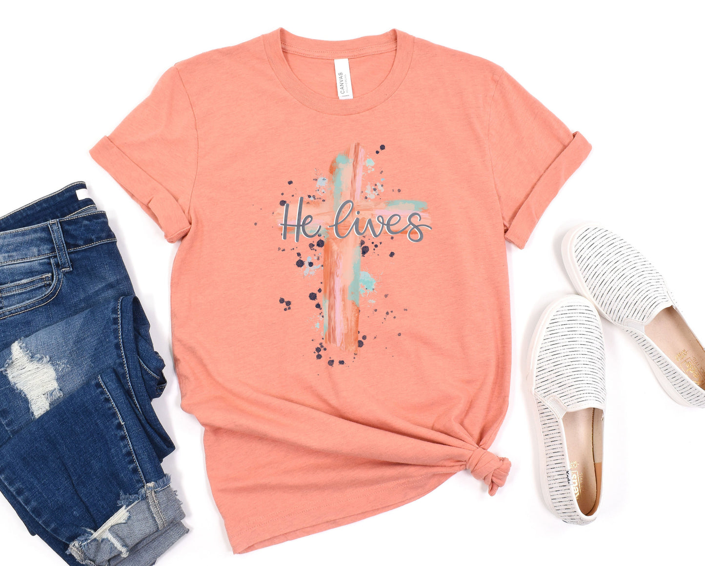 Wholesale He Lives Graphic Tee - Heather Sand