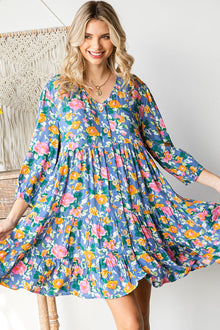  Boho Vibes Cotton Floral Button Down 3/4 Sleeve Tiered Dress