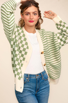  Button Down Checker Stripe Sweater Cardigan