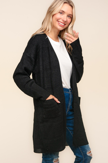  Stripe Textured Open Cardigan with Pockets in Black