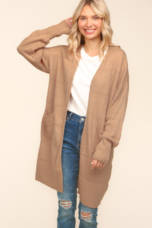  Stripe Textured Open Cardigan with Pockets in Taupe