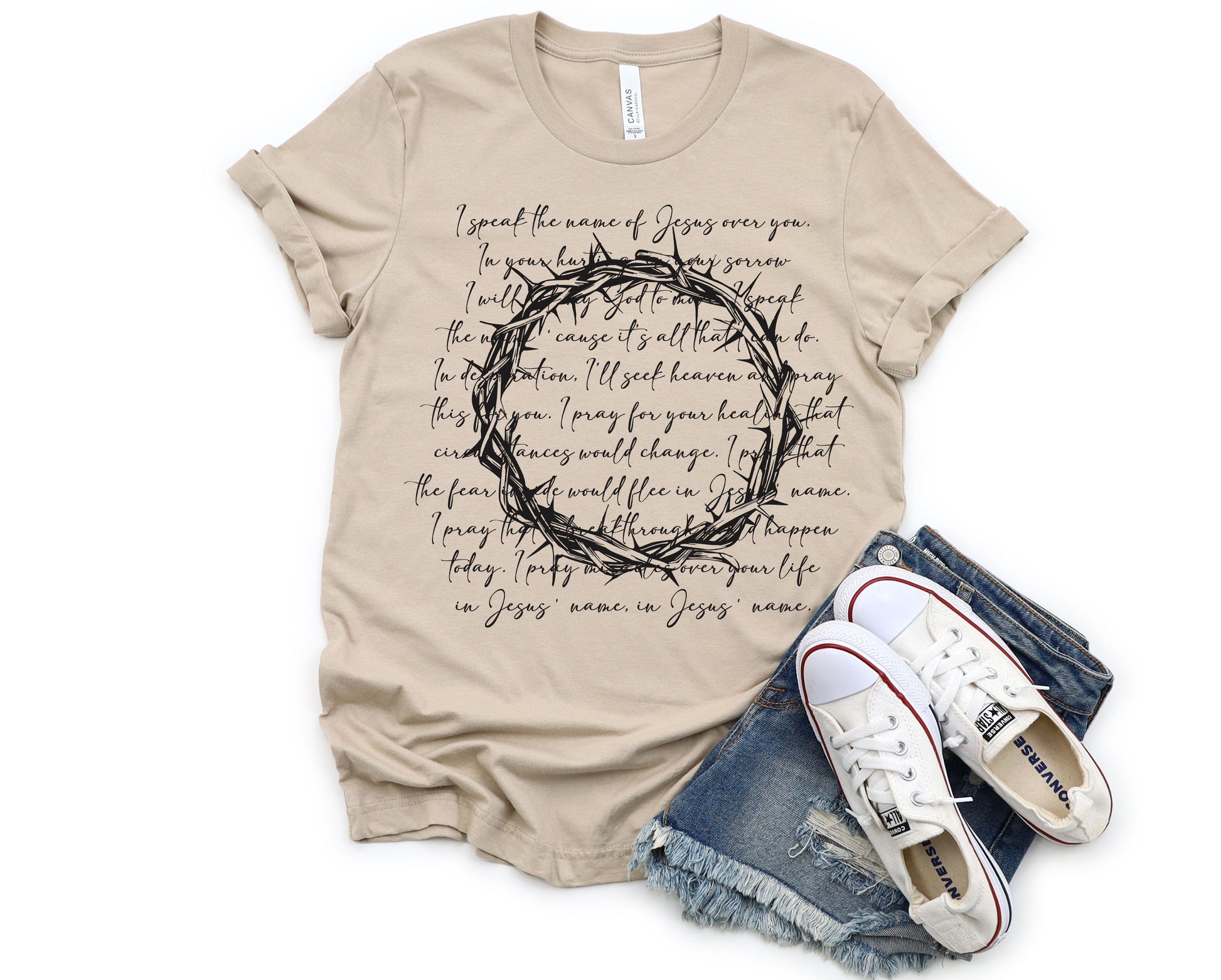 Wholesale I Speak the Name of Jesus Graphic Tee - Tan