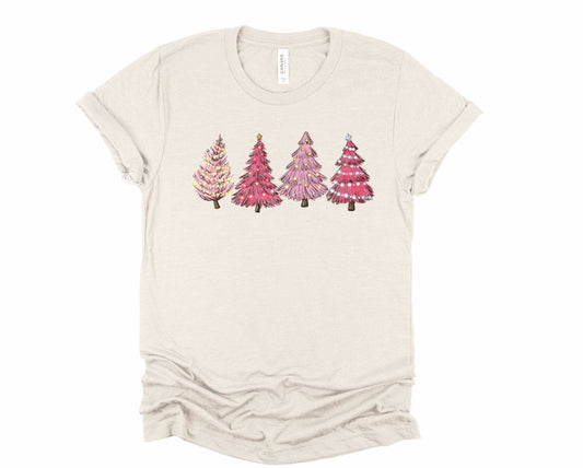 Wholesale Pink Christmas Trees Graphic Tee - Heather Sand