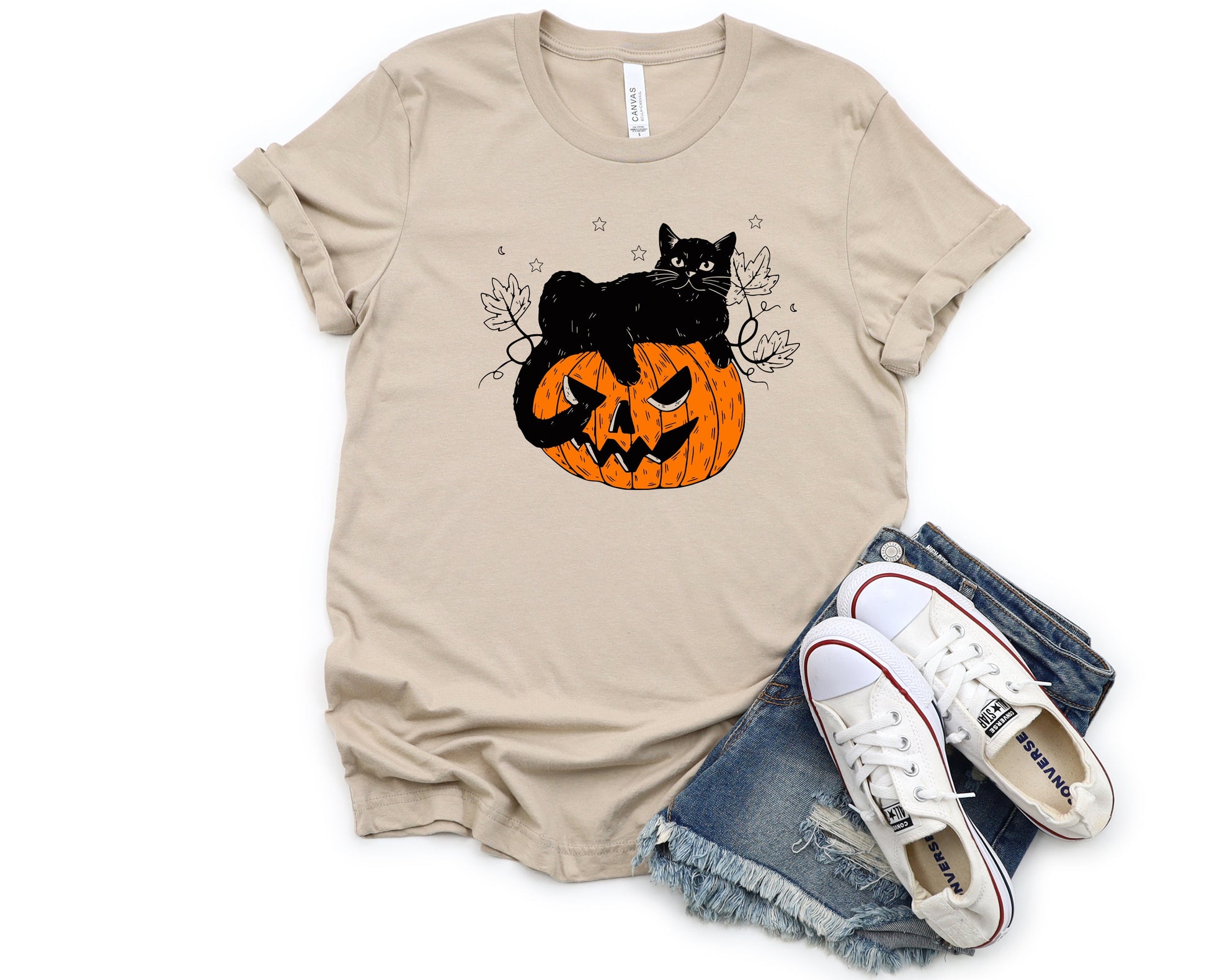 Wholesale Pumpkin Cat Graphic Tee - Burnt Orange