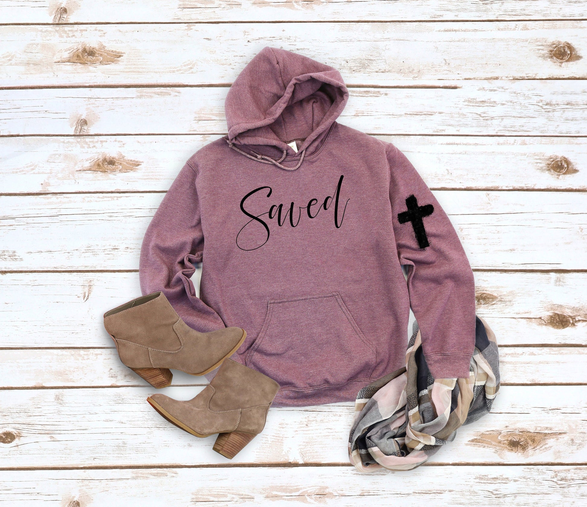 Wholesale Saved Hoodie - print on front and sleeve - Heather Maroon Hoodie