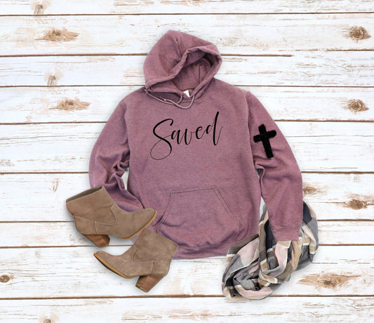 Wholesale Saved Hoodie - print on front and sleeve - Heather Maroon Hoodie